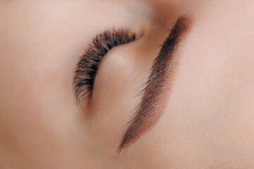 Woman with long lashes in beauty salon. Concept eyelash extension procedure