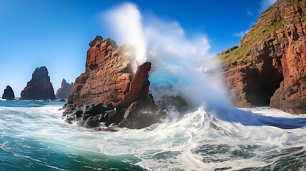 Fierce waves crash against the giant rock in the ocean next to a cliff