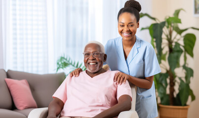 Compassionate Care, Happy Nurse Attends to Smiling Senior Man in Home Armchair.
