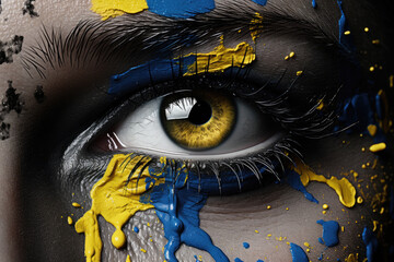 Woman with painted eyewith yellow and blue, the colors of Ukraine flag.Macro of an eye.Freedom. Patriotism. Faith in victory