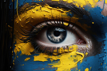 Woman with painted eyewith yellow and blue, the colors of Ukraine flag.Macro of an eye.Freedom. Patriotism. Faith in victory
