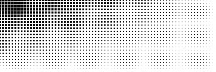 Horizontal gradient of black and white squares halftone texture vector illustration black and white dot background. Pop art style horizontal square halftone gradient.