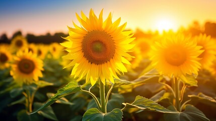 Close up of sunflower field at sunset