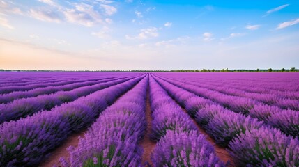 Beautiful endless lavender field as far as the eye could see with blue sky and clouds