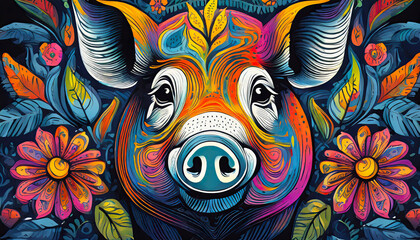 pig bright colorful and vibrant poster illustration