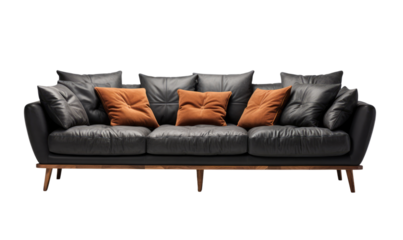 Modern grey leather sofa with stylish brown accent cushions on a transparent background.