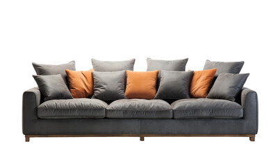 Modern grey leather  sofa with stylish orange accent cushions on a transparent background.