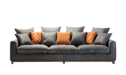 Modern grey leather  sofa with stylish orange accent cushions on a transparent background.