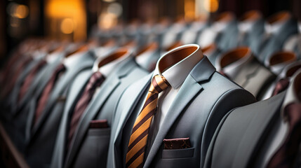 Stylish men's grey suits in a row with yellow ties