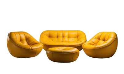 A striking set of yellow sofas, creating a bold and contemporary statement in a modern living space. Transparent background.