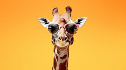 Funny fashion portrait of a giraffe wearing hipster sunglasses on a solid color background. Ecotourism and African safari, animal concept. Macho man in cool glasses - obrazy, fototapety, plakaty