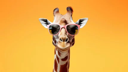 Schilderijen op glas Funny fashion portrait of a giraffe wearing hipster sunglasses on a solid color background. Ecotourism and African safari, animal concept. Macho man in cool glasses © VIK