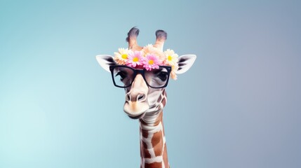 Funny fashion portrait of a giraffe wearing hipster sunglasses on a solid color background....