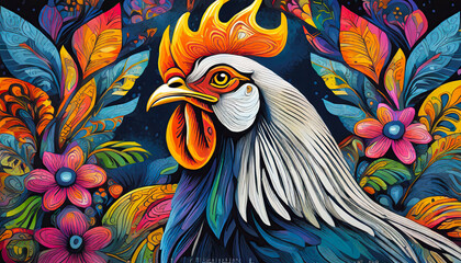rooster bright colorful and vibrant poster illustration