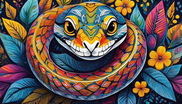 snake bright colorful and vibrant poster illustration
