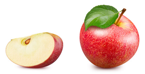 Red apple with leaves isolated. Apple on white background. Set of red appl with clipping path