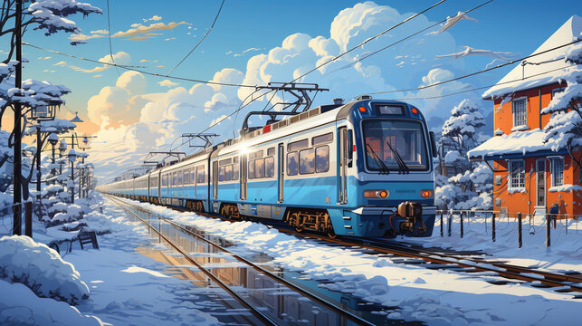 Winter In The Snowy Railway Station Oil Painting Background