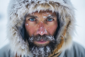 Man explorer traveler in the Arctic with ice and snow on face and clothes, cold polar climate , extreme travel and expeditions to the Arctic
