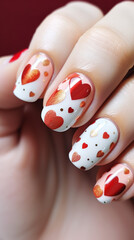 Close-up of hand with nail design inspired by cute heart shape and love