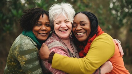 Women of various nationalities join in collective hug showing unity and smiling. Diverse assembly consisting of women of all ages races and backgrounds comes for group pose hugging.