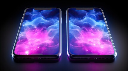 3d glowing smoke effect on two phones in pink and blue. Dark background.