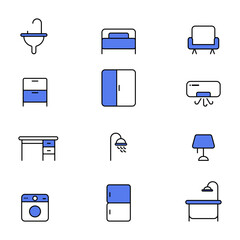 Set  Icons Furniture, Line and Pixel Perfect Icons, Blue black and white background
