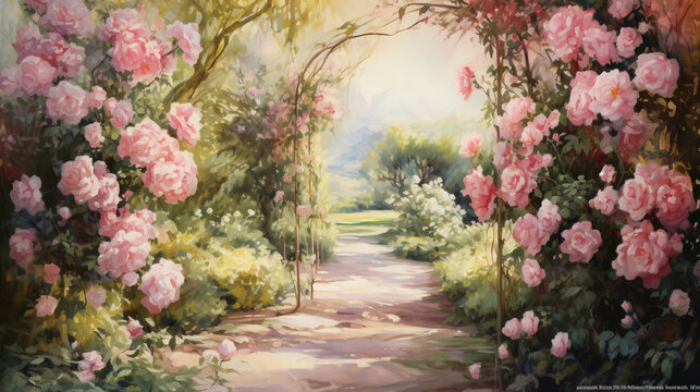 A painting of pink roses in a garden