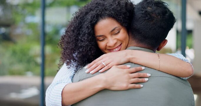 Happy couple, hug and love by new home in care, romance or outdoor embrace for real estate together. Woman hugging man in trust for marriage, affection or compassion in property investment outside