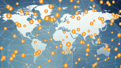 Cryptocurrency world map exploring digital money revolution and global influence of bitcoin, crypto, and blockchain technology on future of economic success, investment, and payment transactions