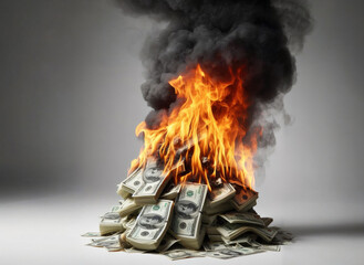 Burning money, collection of banknotes with flames isolated on a white background, finance concept for inflation, currency and investment risk, selected focus.