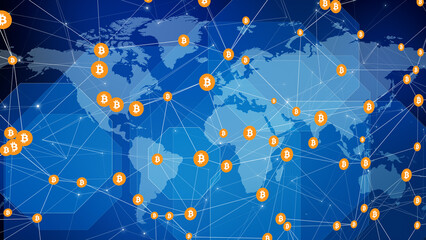 Blockchain world map showcasing global impact of bitcoin and crypto currency digital trading, investment and economic growth across globe
