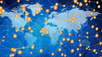 Investment in cryptocurrency exploring bitcoin world map and potential of blockchain as global currency. bitcoin etf, digital money, and future of digital trading
