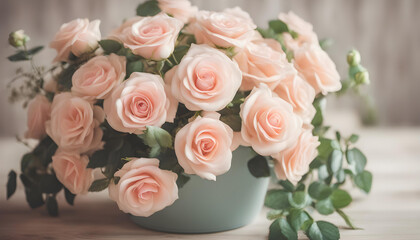 Obraz premium Pink Rose Wedding Bridal Bouquet in flower pot with soft vintage tone