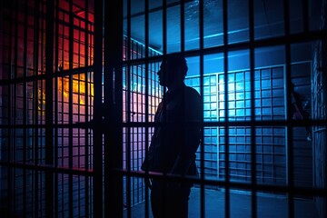 Silhouette of a man in a dark solitary confinement cell. Man in prison. Hope for freedom - obrazy, fototapety, plakaty