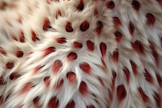 Texture fourrure ou pelage d'un mammifère blanc moucheté de tâches rousse et noire 