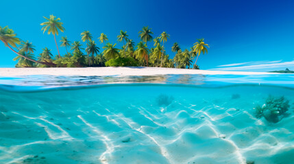 Sunny tropical beach with clear water and palm trees.
