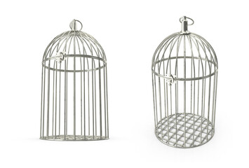 silver cage for birds on transparent background
