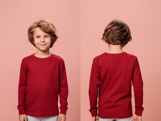 Front and back views of a little boy wearing a red long-sleeve T-shirt - Powered by Adobe