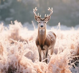 Naklejka na ściany i meble A deer is standing in a field of frost. Generative AI.