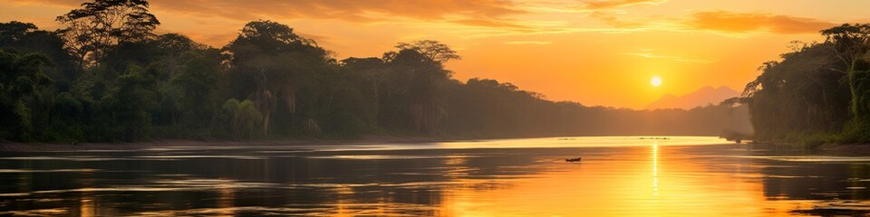 late afternoon sun over amazon jungle river in forest