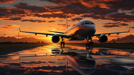 Fototapeta na wymiar Airplane Landing On Runway At Golden Hour of Sunset on Blurry Background