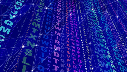 Random characters creating abstract text with connected lines and dots, dynamic letters and artistic chaos, forming stylish visual communication and modern art composition