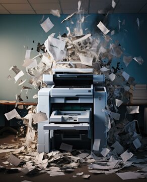 A printer exploded with paper and other documents. Generative AI.