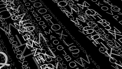 Background of black with random letters creates energetic and stylish typographic chaos, dynamic composition of fancy letters forming abstract design