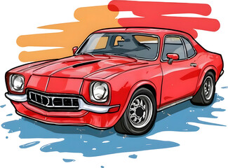 Digital painting of car with lead colored orange, red, and blue paint on transparent background