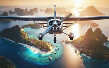 Light passenger aircraft with one propeller in the front flies over tropical islands in the morning