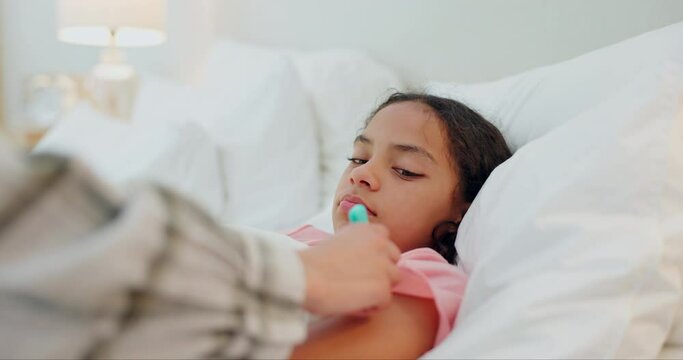 Girl, sick and mother with thermometer, virus and check for fever in bedroom with temperature . Family, mama and kid with disease, bacteria or care with wellness, first aid and child with flu or home