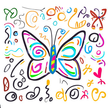 Step into a fairytale celebration with this title, featuring children's drawings of enchanting butterflies dancing in a fiesta of patterns, drawn with simple lines and a burst of fantastical colors