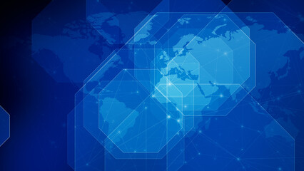 Technology background blue octagons connecting world map in news background, representing global communication and breaking news in connected network of worldwide information