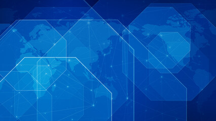 News background map octagons connecting blue world with global communication lines and dots in breaking news technology background